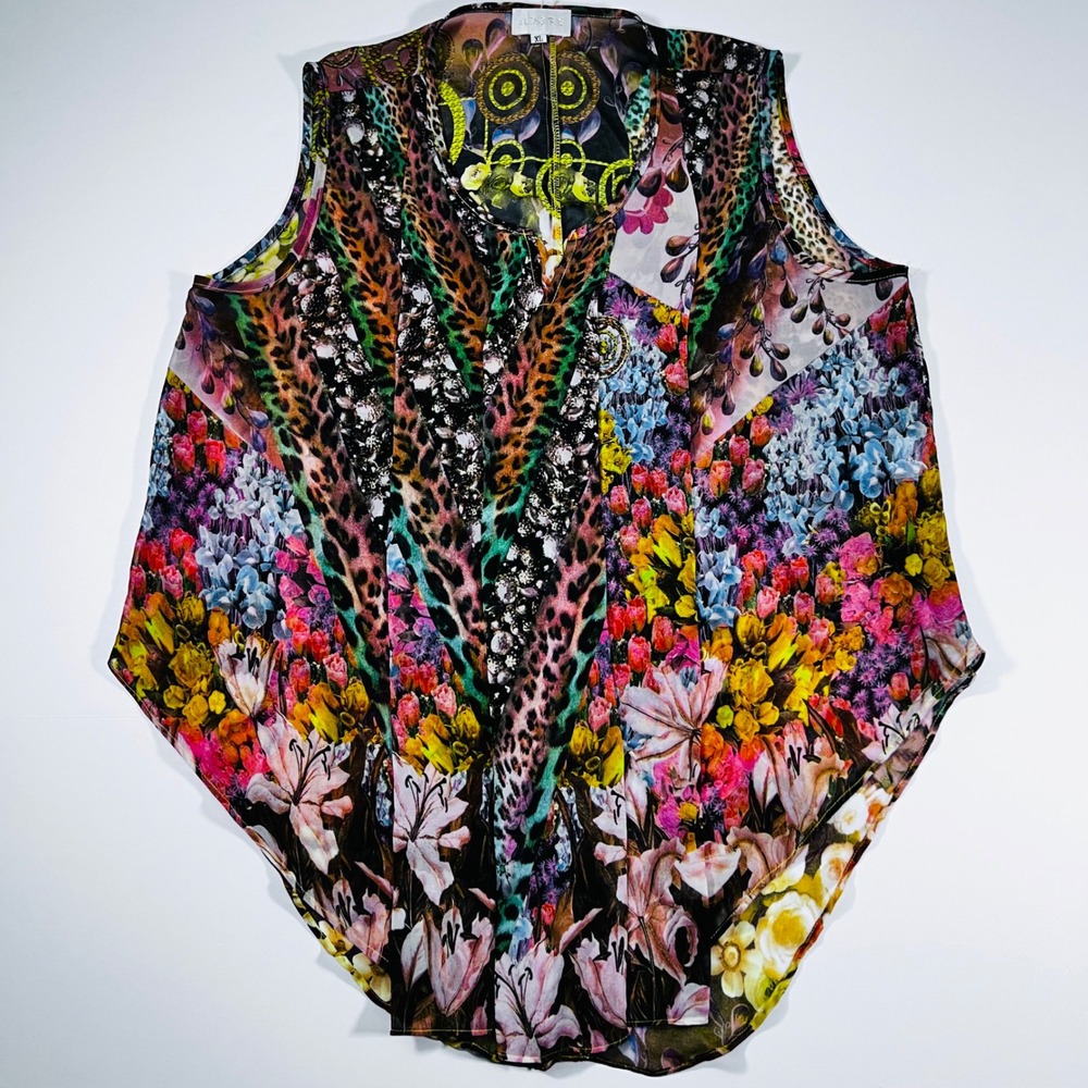 Adore XL Mixed Print Sleeveless Top High Low Sheer V Neck